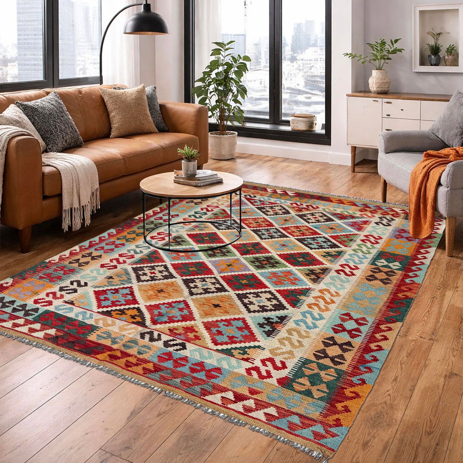 Hand Knotted Afghan Style Kilim 5' 1" x 6' 7" ft / 154 x 200 cm - No. W36768