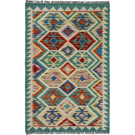 Multi Color ful Flat-Weave Wool Kilim 2' 7" x 4' 1" ft / 80 x 124 cm - No. W36798