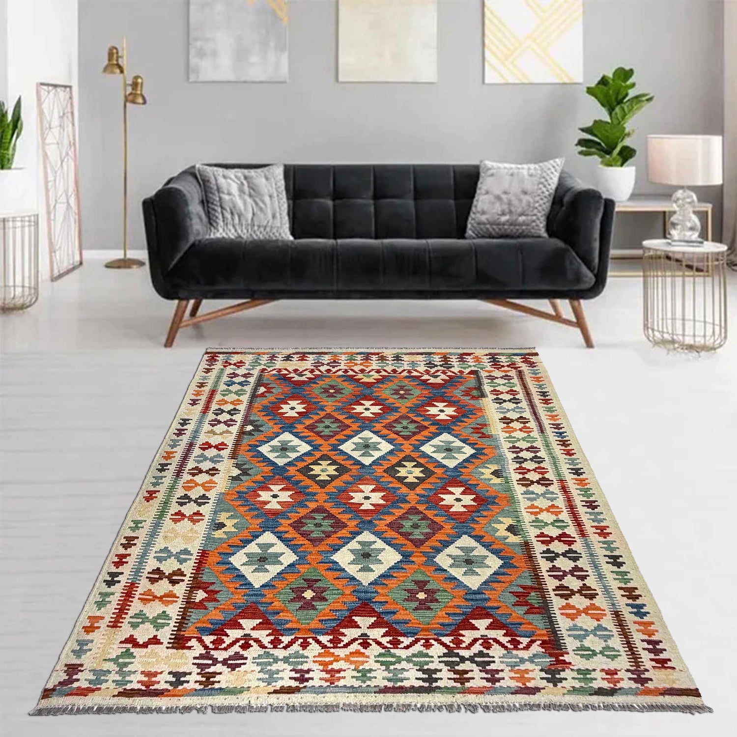 Handmade Turkish Design Wool Kilim 4' 11" x 6' 6" ft / 149 x 197 cm - No. W36820