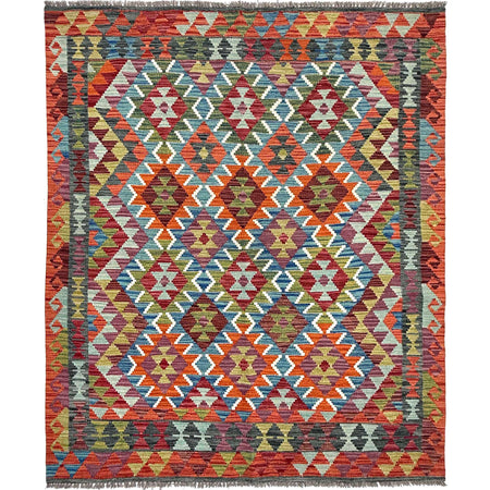 Multi Color ful Flat-Weave Wool Kilim 4' 11" x 6' 4" ft / 150 x 194 cm - No. W36829