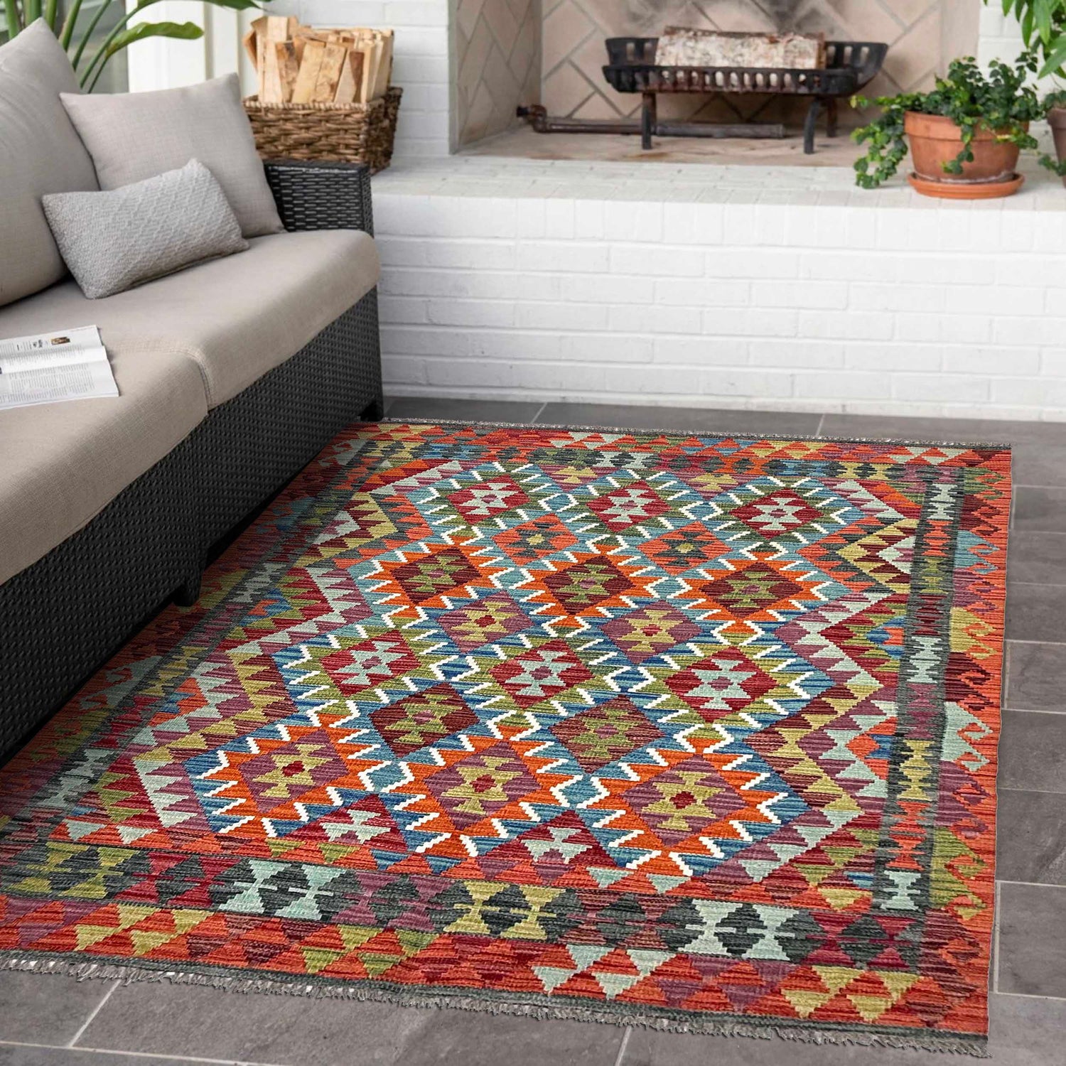 Multi Color ful Flat-Weave Wool Kilim 4' 11" x 6' 4" ft / 150 x 194 cm - No. W36829