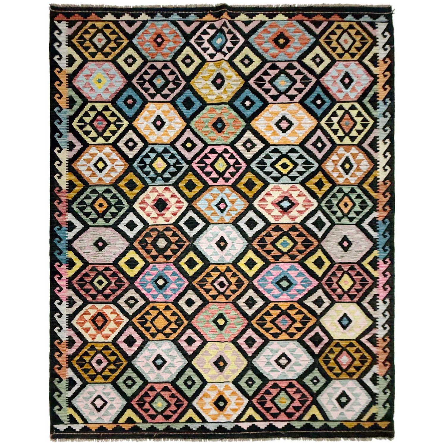 Multi Color ful Flat-Weave Wool Kilim 6' 7" x 9' 9" ft / 201 x 297 cm - No. W38107