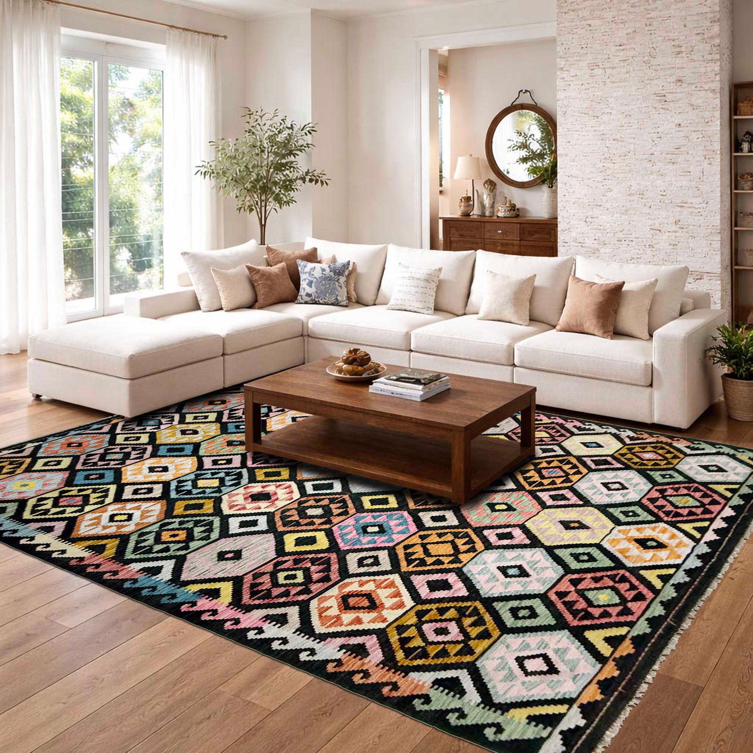 Multi Color ful Flat-Weave Wool Kilim 6' 7" x 9' 9" ft / 201 x 297 cm - No. W38107