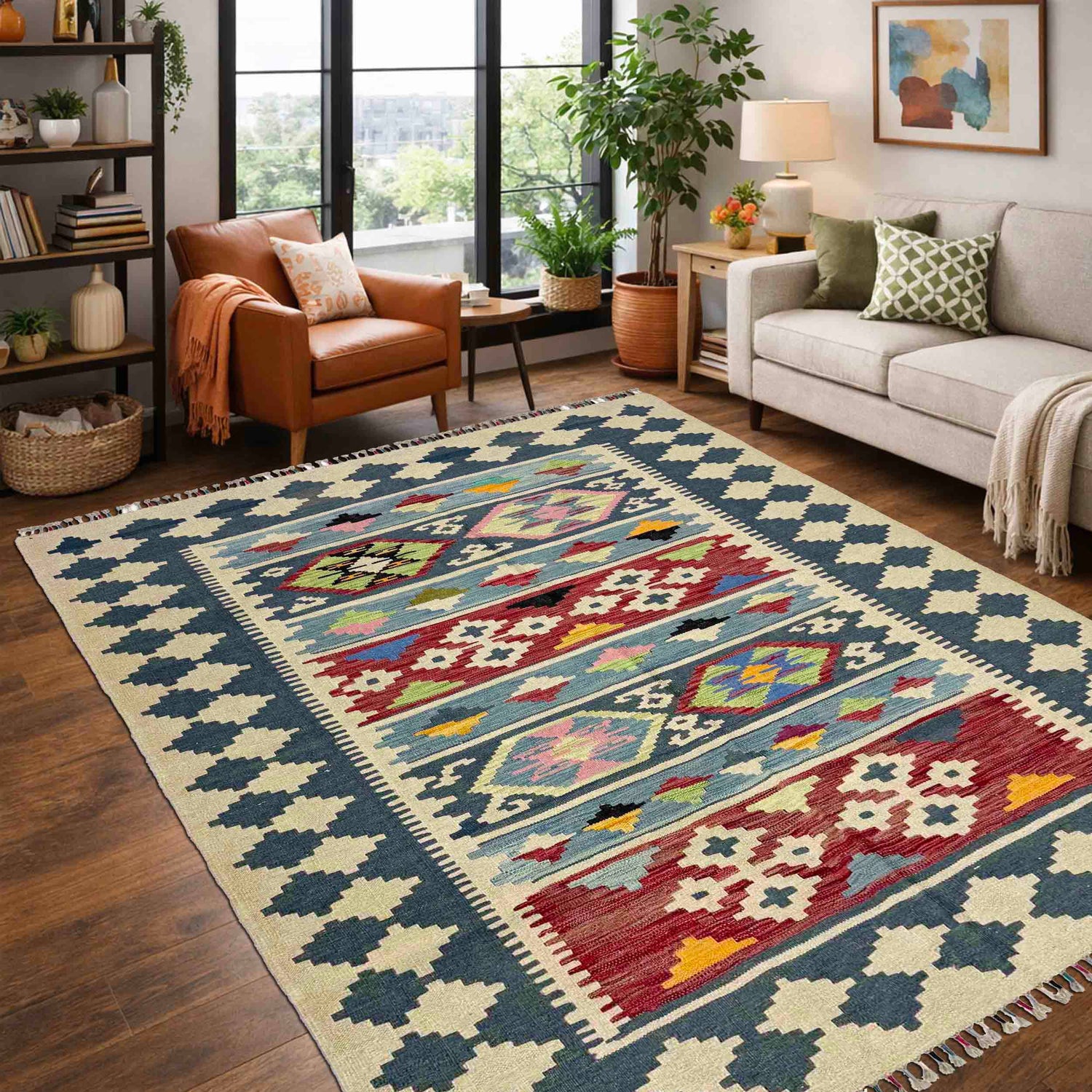 Handmade Afghan Vegetable Kilim 4' 10" x 6' 4" ft / 147 x 193 cm - No. W38195