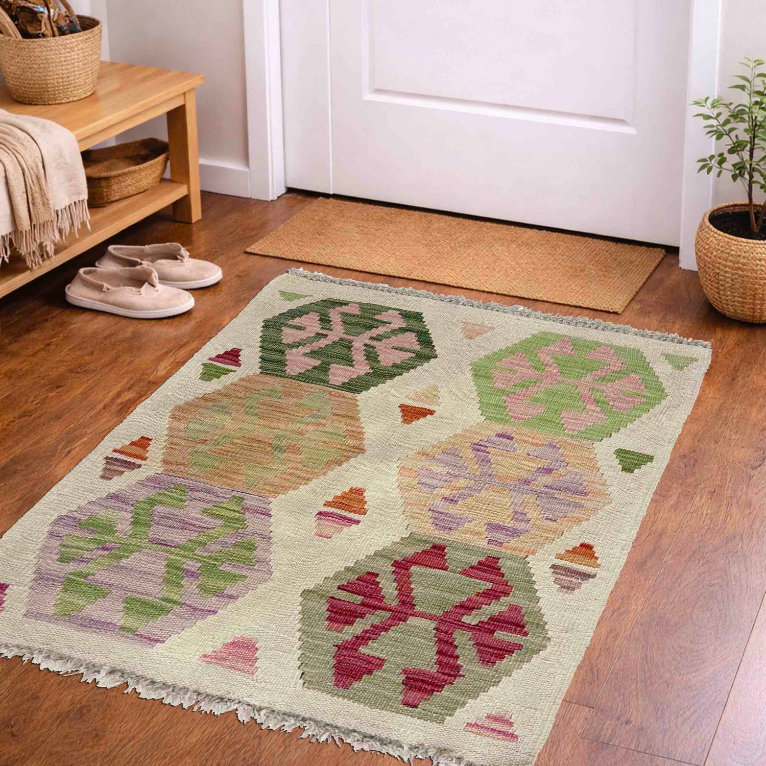 Handmade Afghan Vegetable Kilim 1' 11" x 2' 6" ft / 58 x 75 cm - No. W38235