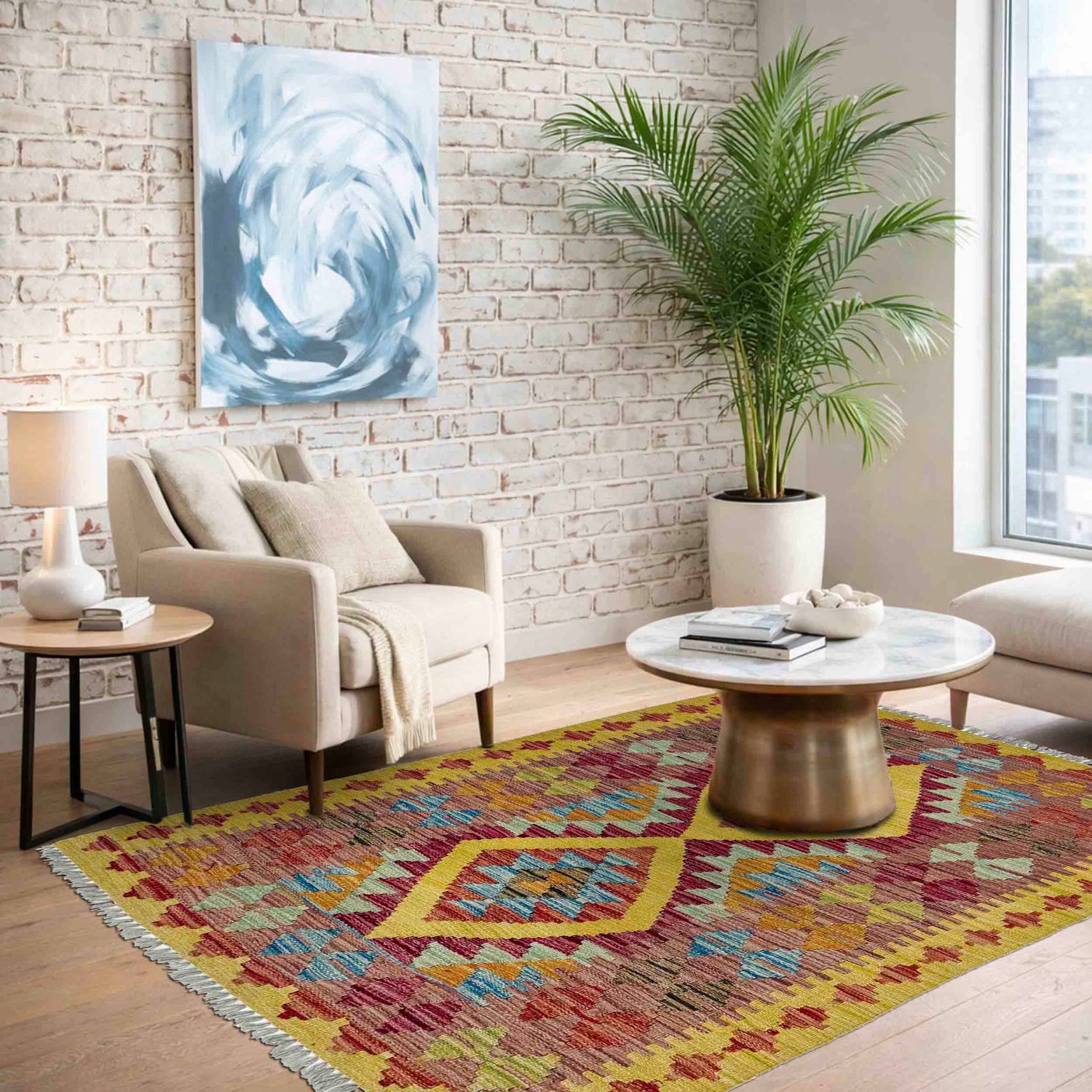 Multi Color ful Flat-Weave Wool Kilim 3' 3" x 3' 10" ft / 100 x 118 cm - No. W38241