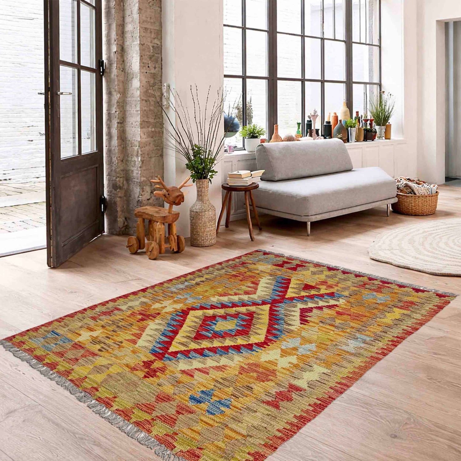 Handmade Turkish Design Wool Kilim 3' 7" x 4' 4" ft / 109 x 131 cm - No. W38248