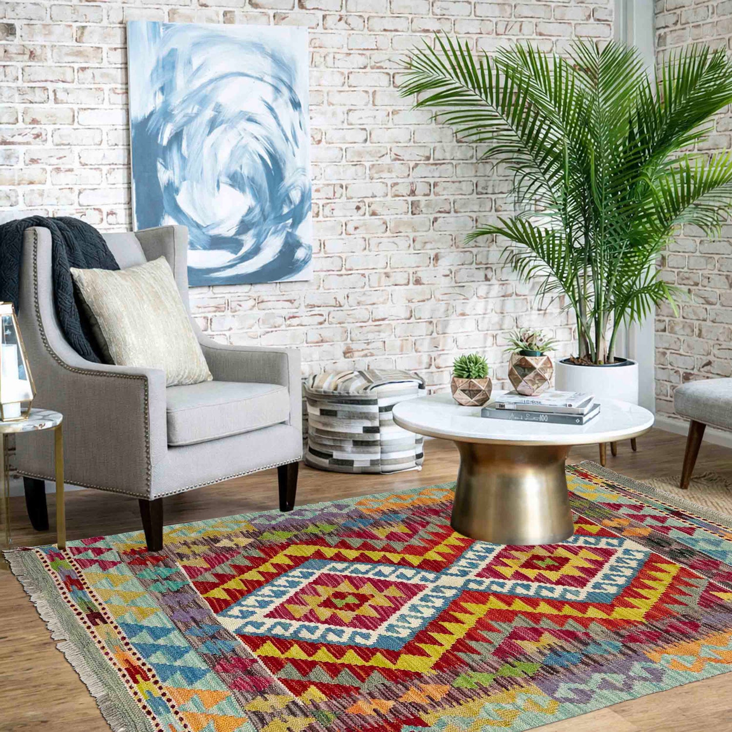 Handmade Turkish Design Wool Kilim 2' 9" x 3' 10" ft / 84 x 116 cm - No. W38561