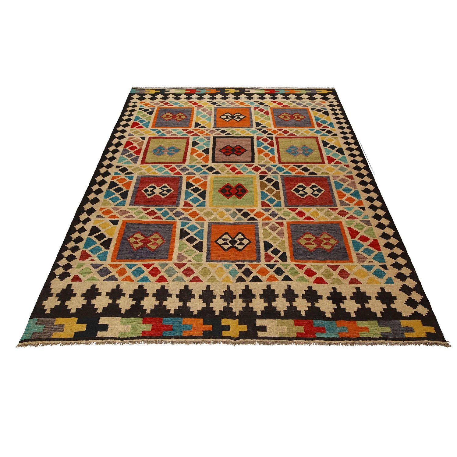 Colorful Flat-Weave Wool Kilim 7' 4" x 9' 10" ft / 224 x 299 cm - No. Y31565
