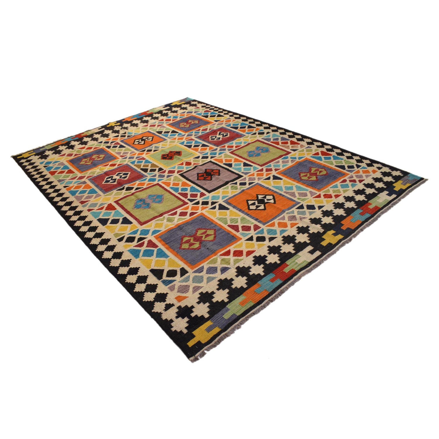 Colorful Flat-Weave Wool Kilim 7' 4" x 9' 10" ft / 224 x 299 cm - No. Y31565