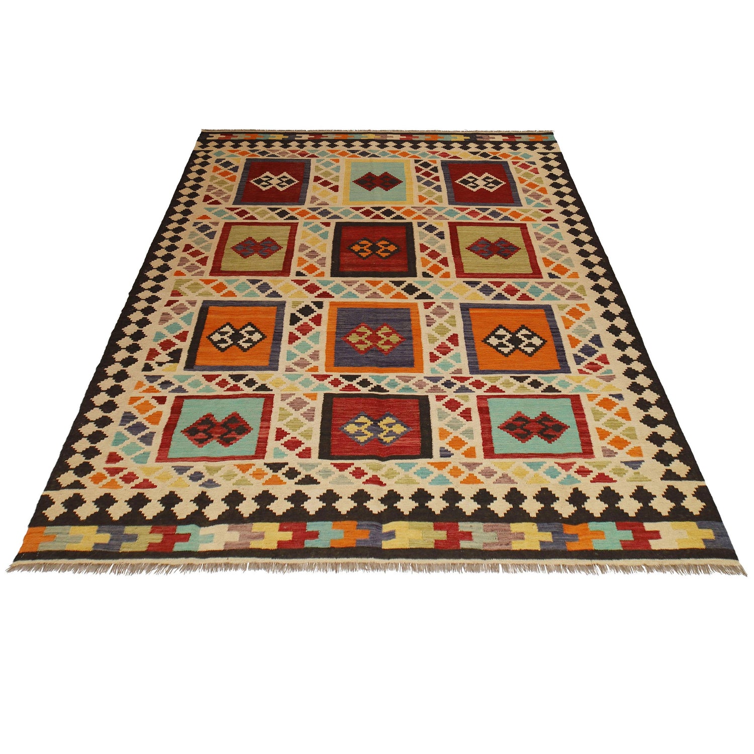 Colorful Flat-Weave Wool Kilim 7' 3" x 9' 10" ft / 220 x 300 cm - No. Y31566
