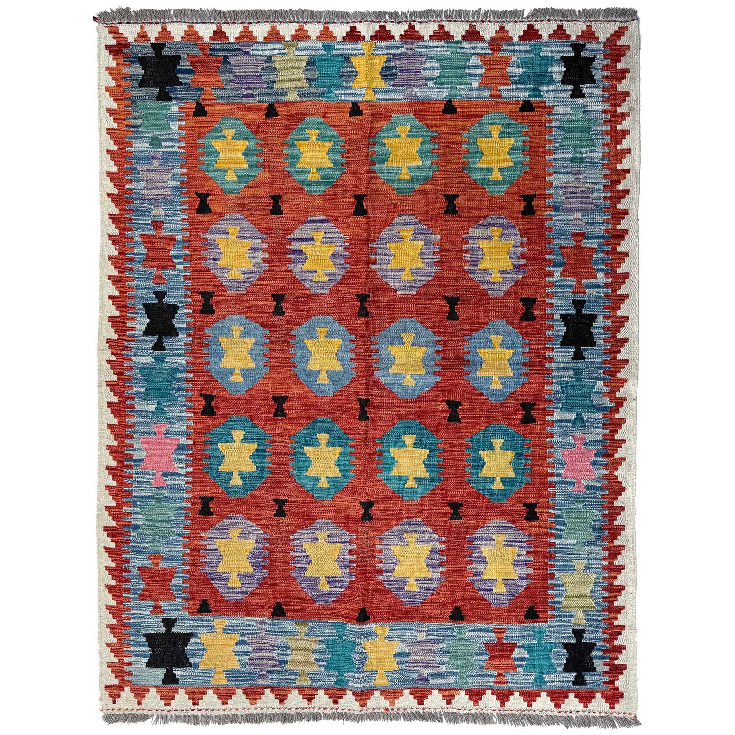 Multi Color ful Flat-Weave Wool Kilim 4' 9" x 6' 6" ft / 145 x 197 cm - No. Y37267