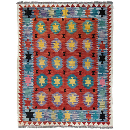 Multi Color ful Flat-Weave Wool Kilim 4' 9" x 6' 6" ft / 145 x 197 cm - No. Y37267