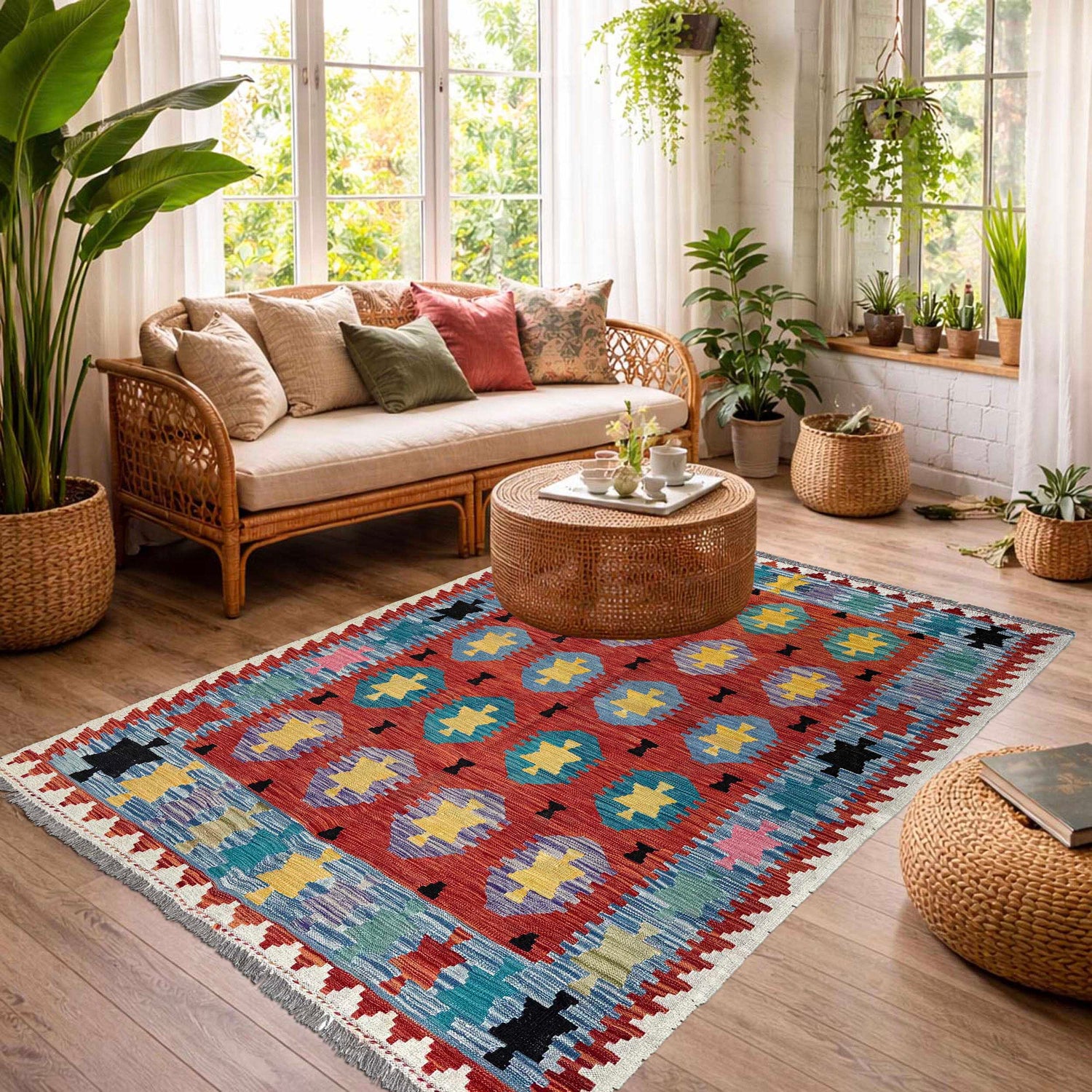 Multi Color ful Flat-Weave Wool Kilim 4' 9" x 6' 6" ft / 145 x 197 cm - No. Y37267