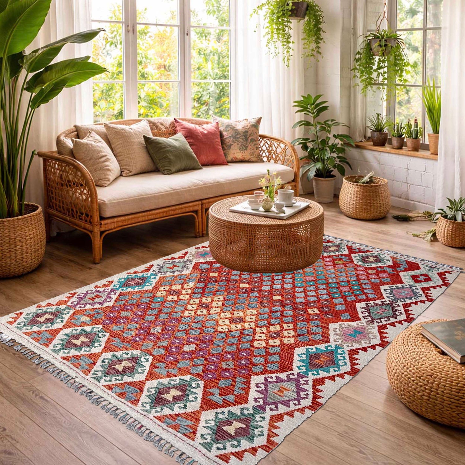 Handmade Afghan Vegetable Kilim 5' 1" x 6' 7" ft / 156 x 201 cm - No. Y37291