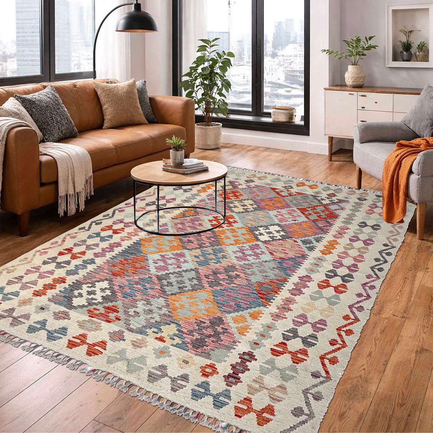Hand Made Afghan Kilim 5' 0" x 6' 7" ft / 152 x 200 cm - No. Y37294