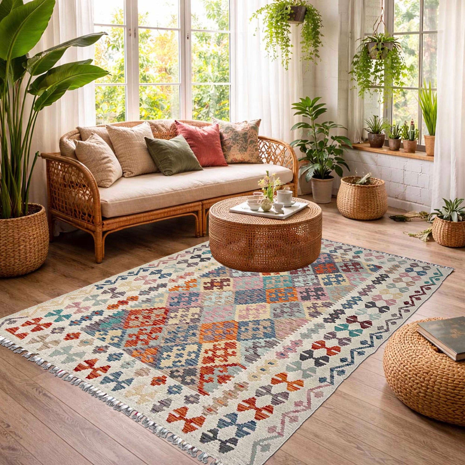 Hand Knotted Afghan Style Kilim 5' 1" x 6' 8" ft / 154 x 202 cm - No. Y37329