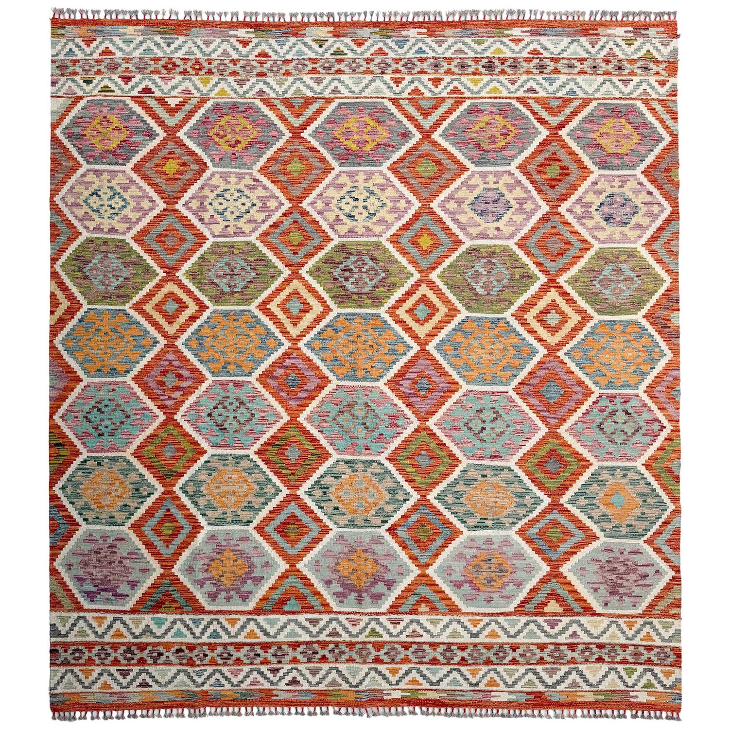 Multi Color ful Flat-Weave Wool Kilim 8' 5" x 9' 9" ft / 256 x 297 cm - No. Y37336