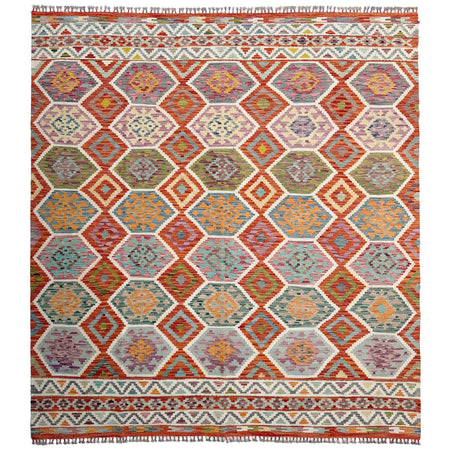 Multi Color ful Flat-Weave Wool Kilim 8' 5" x 9' 9" ft / 256 x 297 cm - No. Y37336