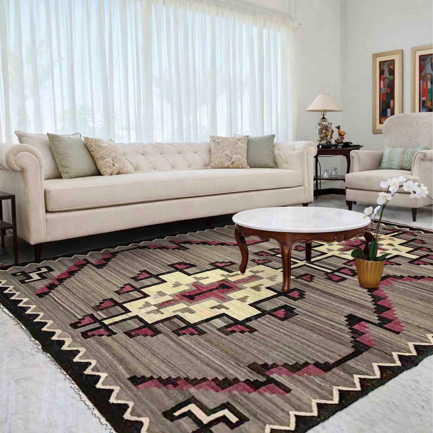 Hand Knotted Afghan Style Kilim 6' 6" x 8' 8" ft / 197 x 265 cm - No. Y39094