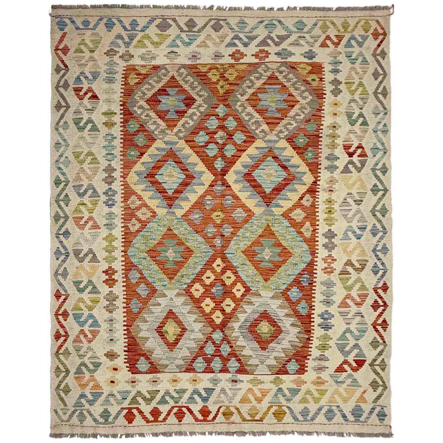Multi Color ful Flat-Weave Wool Kilim 4' 9" x 6' 7" ft / 146 x 201 cm - No. Y39098