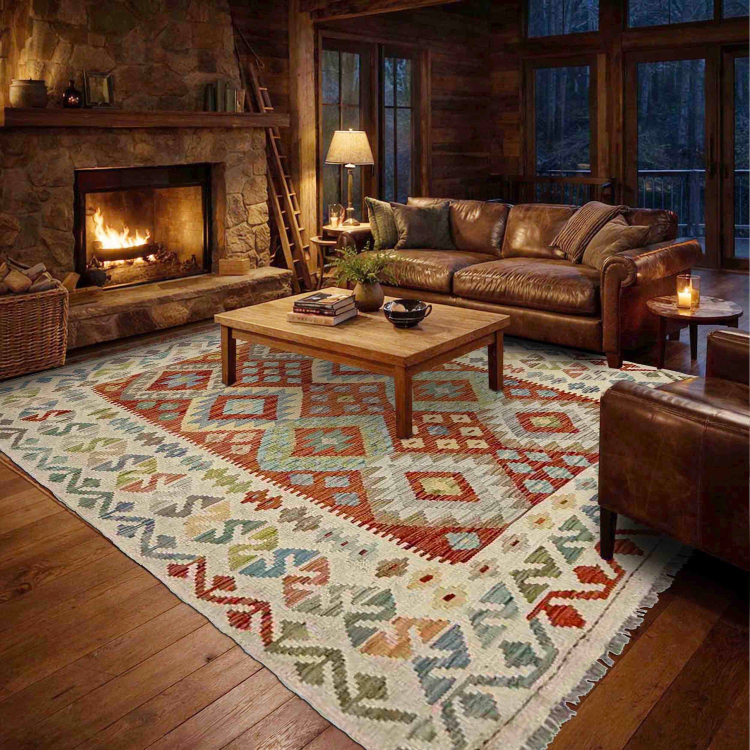 Multi Color ful Flat-Weave Wool Kilim 4' 9" x 6' 7" ft / 146 x 201 cm - No. Y39098