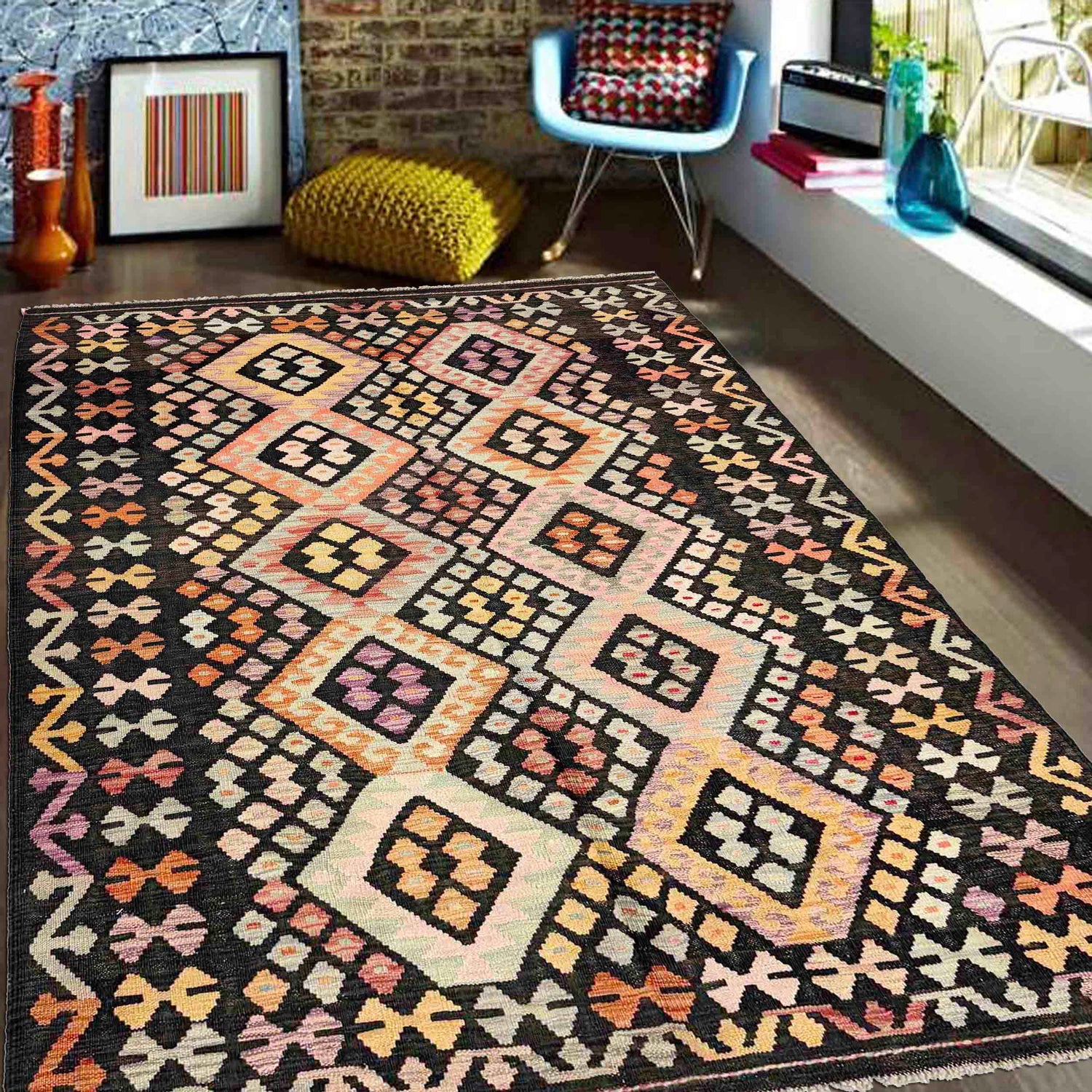 Hand Knotted Afghan Style Kilim 5' 0" x 6' 6" ft / 153 x 199 cm - No. Y39112