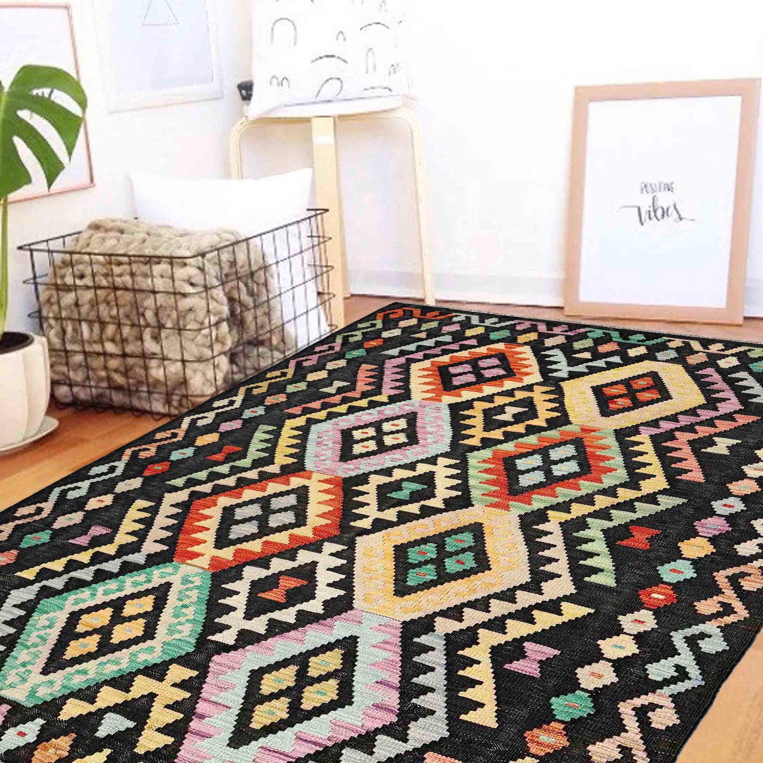 Handmade Afghan Vegetable Kilim 4' 3" x 6' 7" ft / 129 x 200 cm - No. Y39115