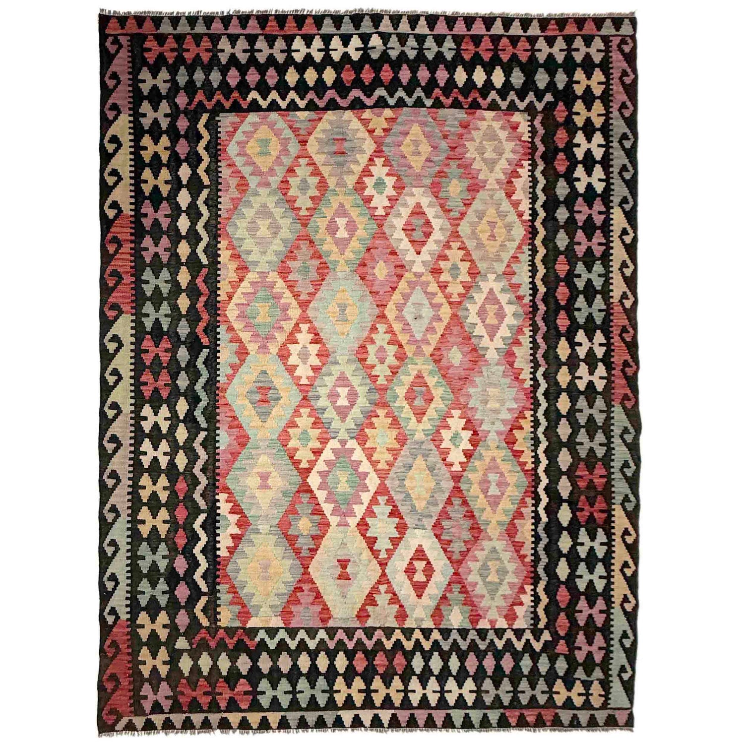 Multi Color ful Flat-Weave Wool Kilim 6' 8" x 9' 5" ft / 203 x 287 cm - No. Y39119