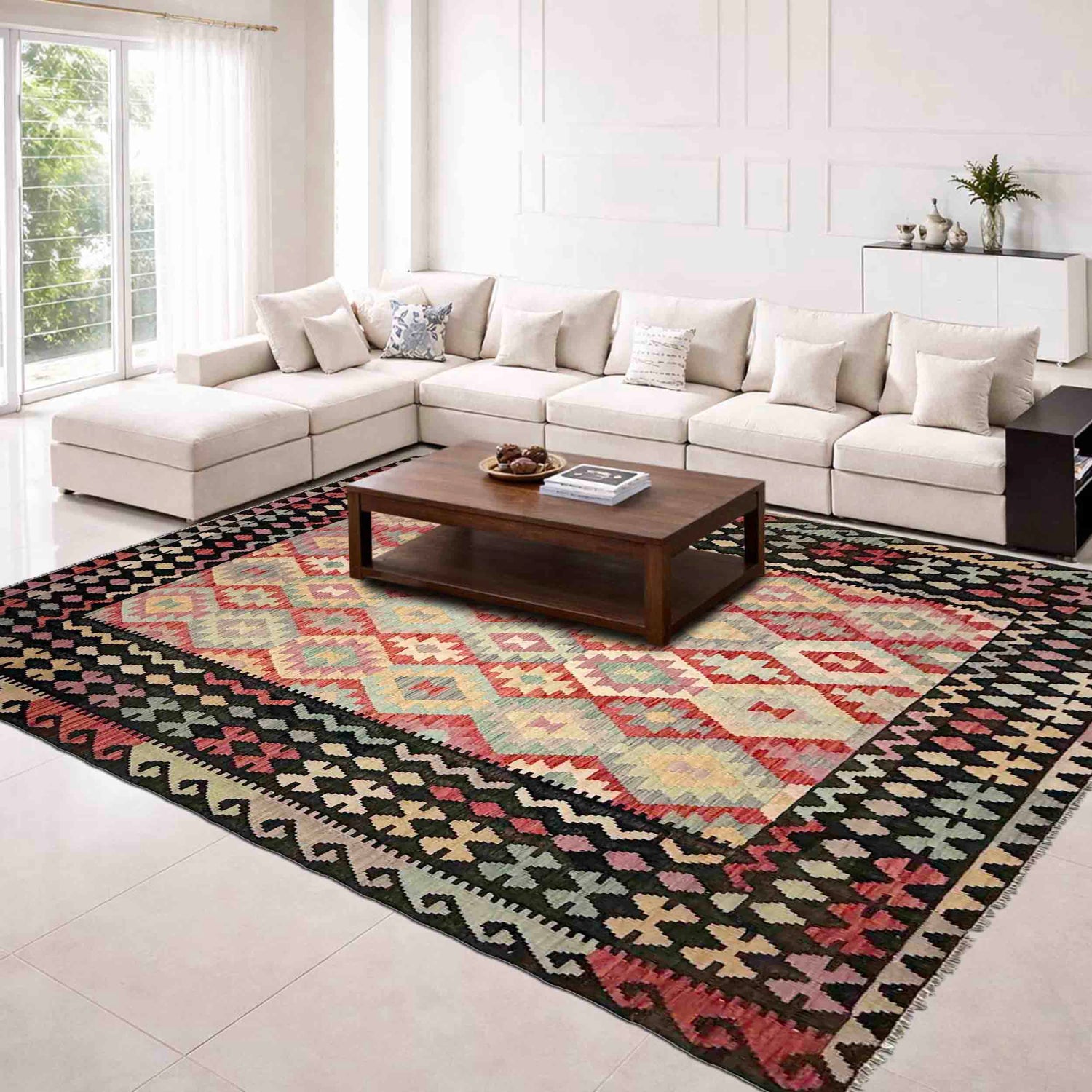 Multi Color ful Flat-Weave Wool Kilim 6' 8" x 9' 5" ft / 203 x 287 cm - No. Y39119