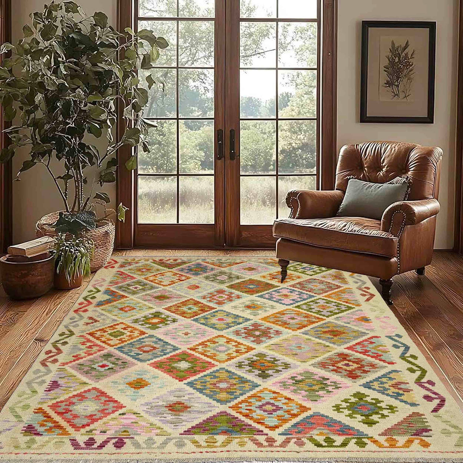Hand Woven Wool Kelim 4' 10" x 6' 7" ft / 148 x 200 cm - No. Y39127