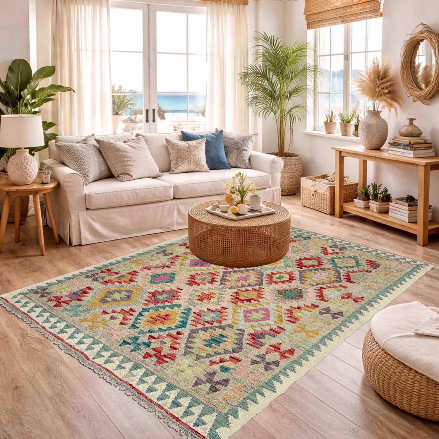 Handmade Turkish Design Wool Kilim 5' 1" x 6' 7" ft / 154 x 201 cm - No. Y39128