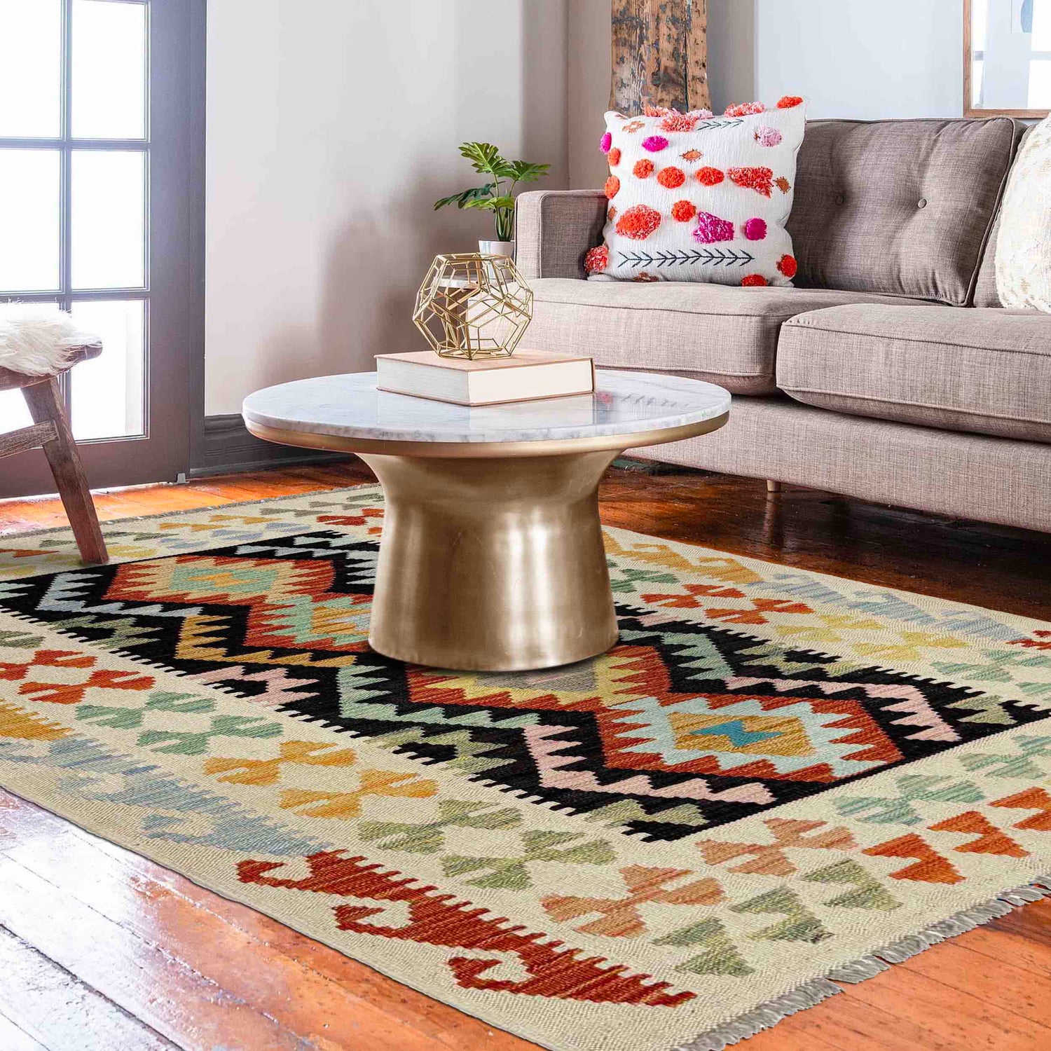 Multi Color ful Flat-Weave Wool Kilim 3' 3" x 4' 10" ft / 99 x 147 cm - No. Y39135