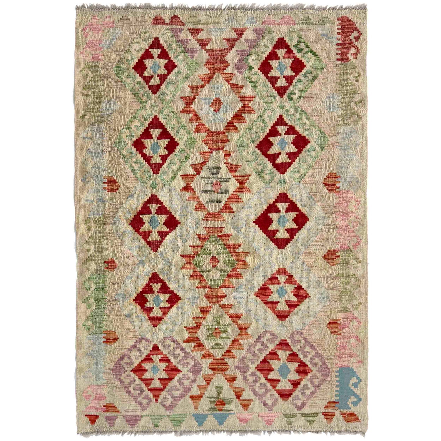 Multi Color ful Flat-Weave Wool Kilim 2' 11" x 4' 5" ft / 90 x 135 cm - No. Y39140