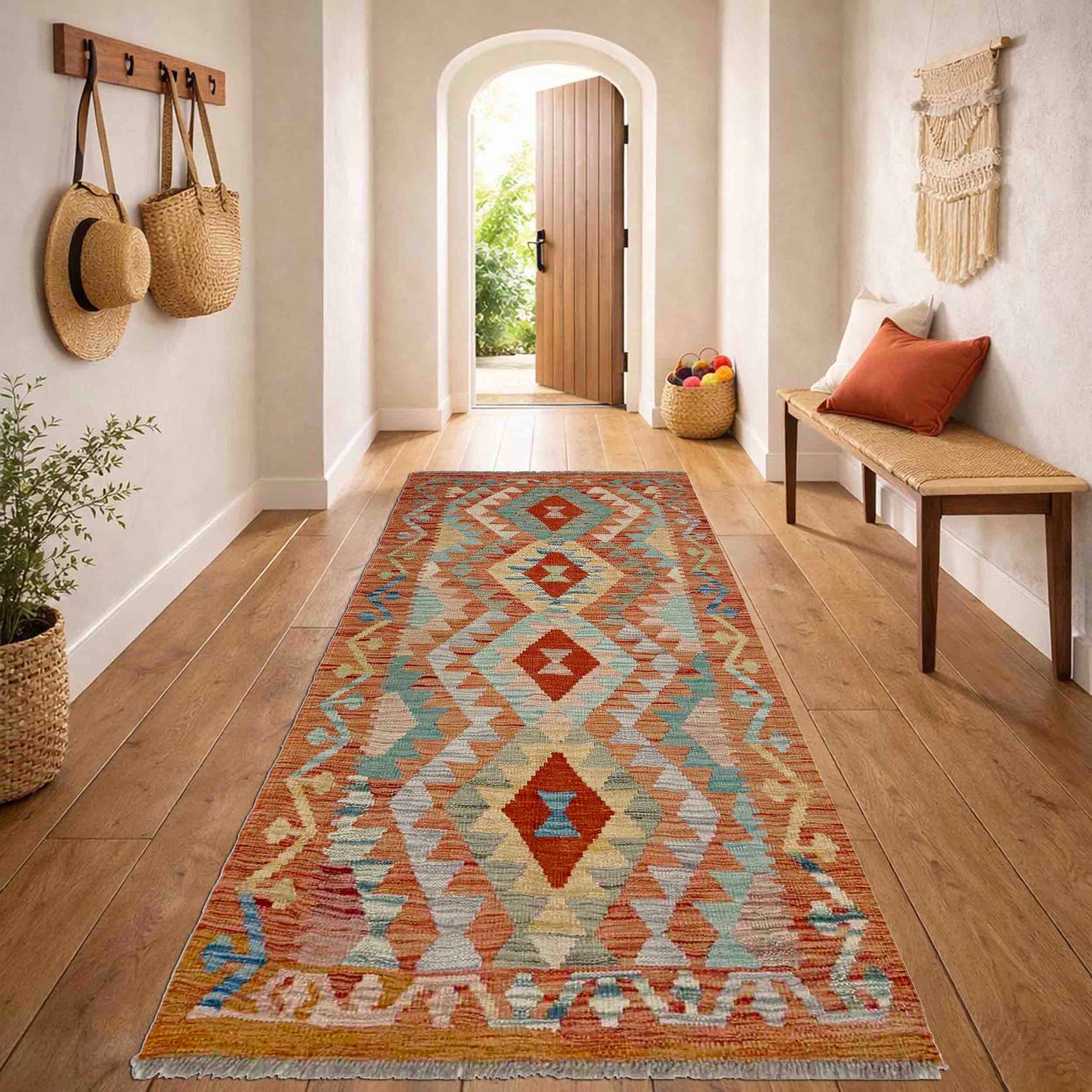 Hand Knotted Afghan Style Kilim Runner 2' 6" x 5' 1"  ft / 77 x 155 cm - No. Y39142
