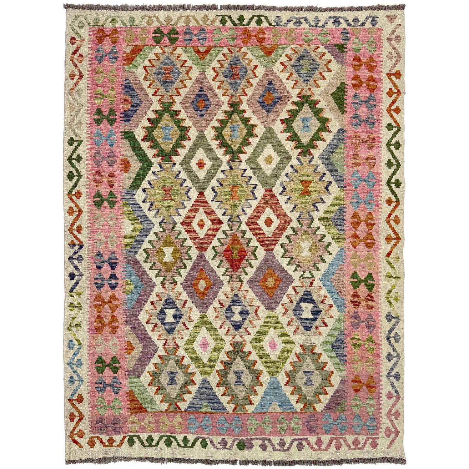 Multi Color ful Flat-Weave Wool Kilim 5' 2" x 6' 9" ft / 158 x 206 cm - No. Y39145