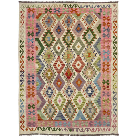 Multi Color ful Flat-Weave Wool Kilim 5' 2" x 6' 9" ft / 158 x 206 cm - No. Y39145