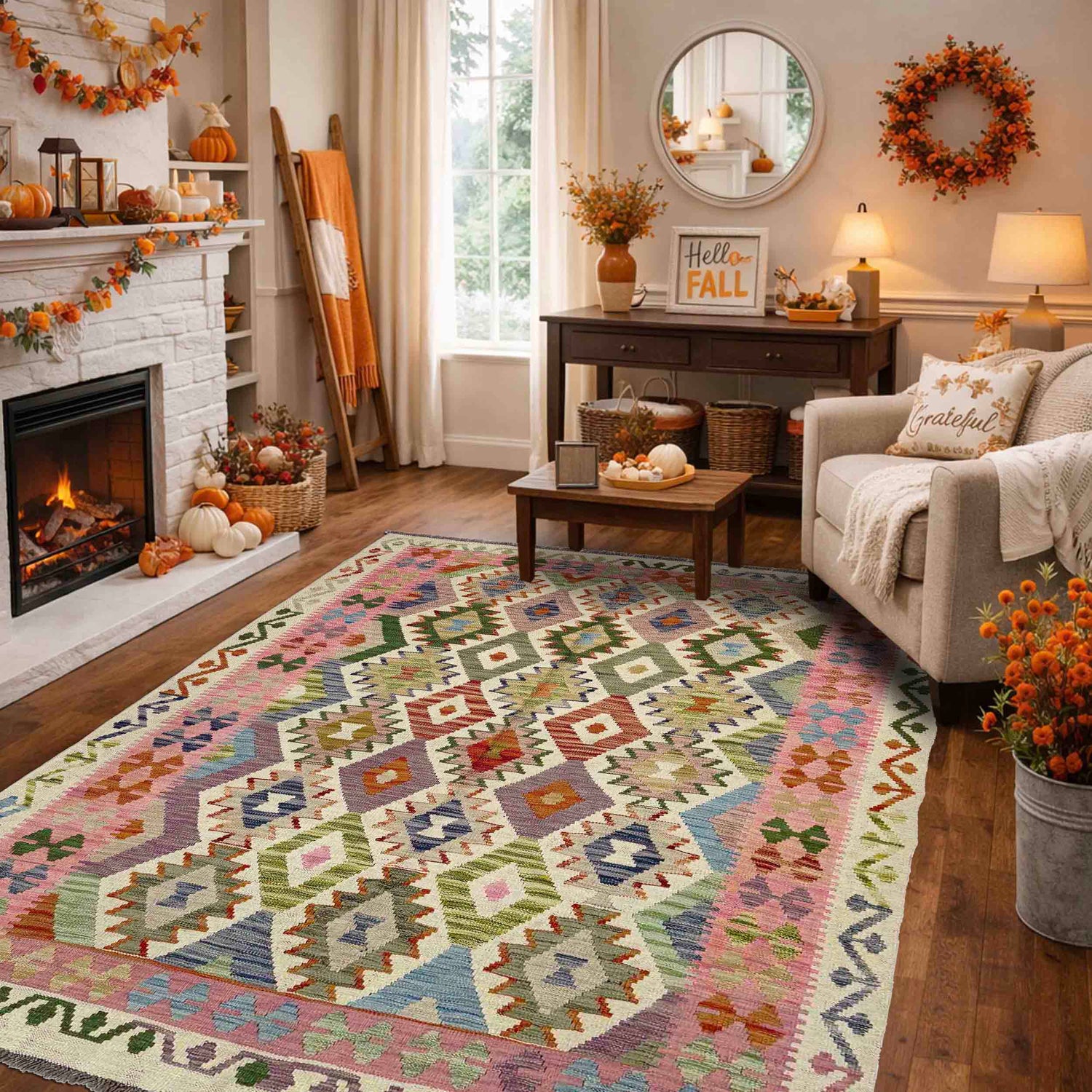Multi Color ful Flat-Weave Wool Kilim 5' 2" x 6' 9" ft / 158 x 206 cm - No. Y39145