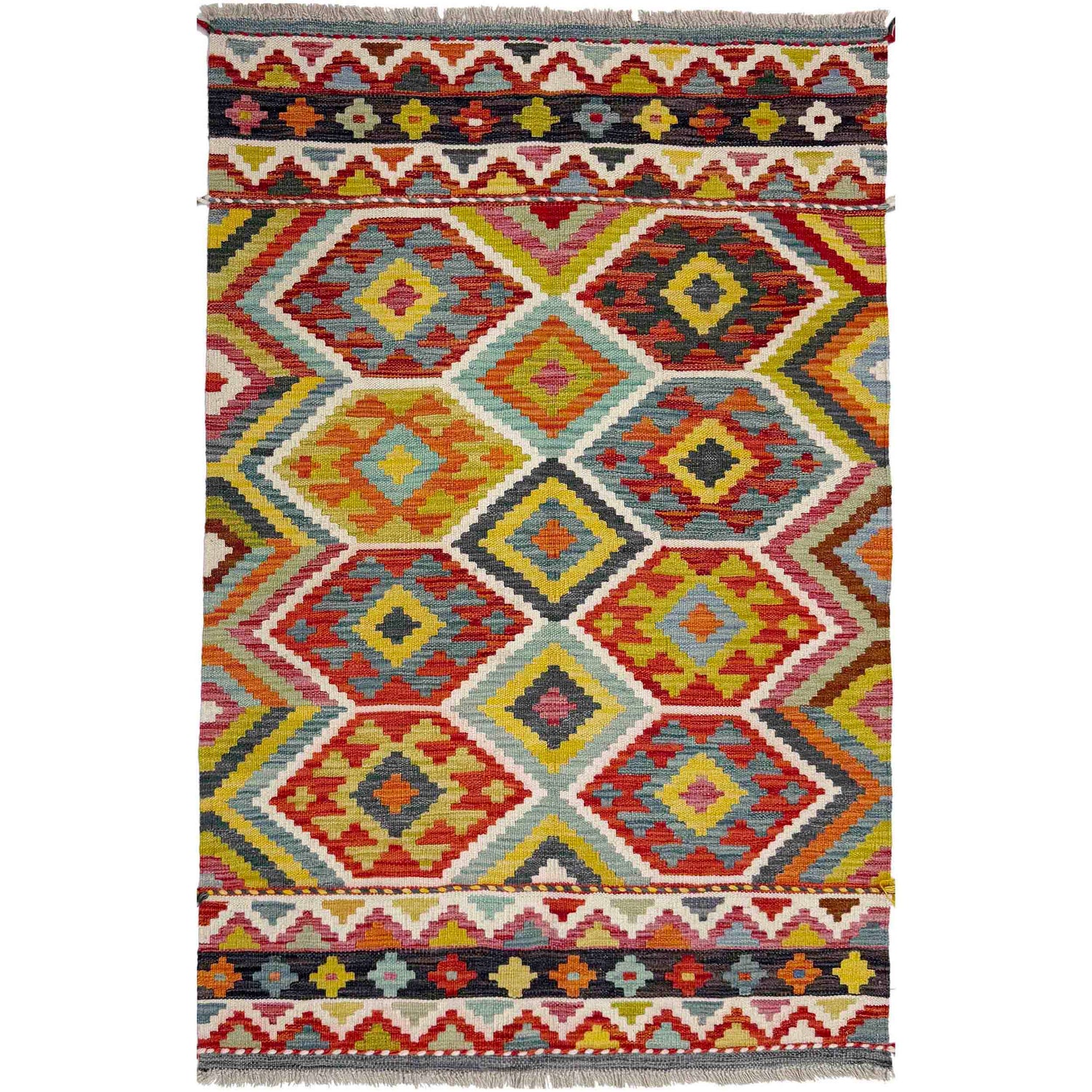 Multi Color ful Flat-Weave Wool Kilim 3' 4" x 4' 11" ft / 101 x 150 cm - No. Y39171