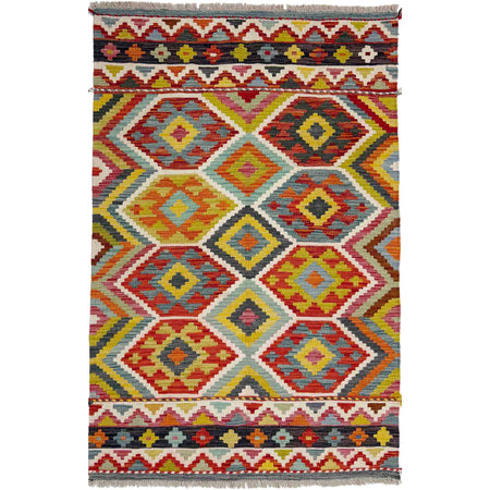 Multi Color ful Flat-Weave Wool Kilim 3' 4" x 4' 11" ft / 101 x 150 cm - No. Y39171