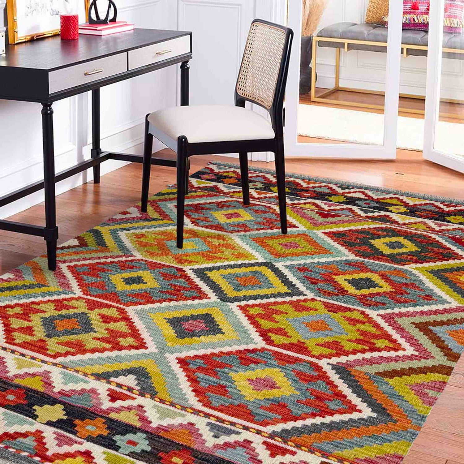 Multi Color ful Flat-Weave Wool Kilim 3' 4" x 4' 11" ft / 101 x 150 cm - No. Y39171