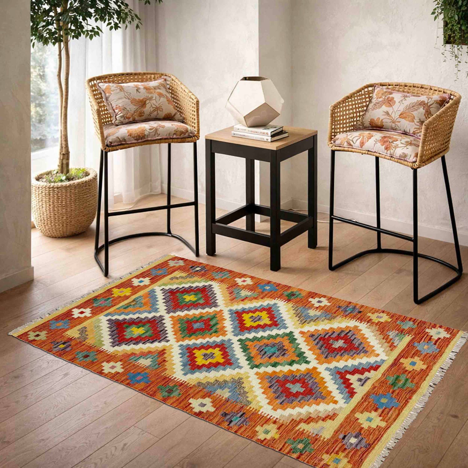 Hand Knotted Afghan Style Kilim 3' 4" x 4' 9" ft / 101 x 146 cm - No. Y39175