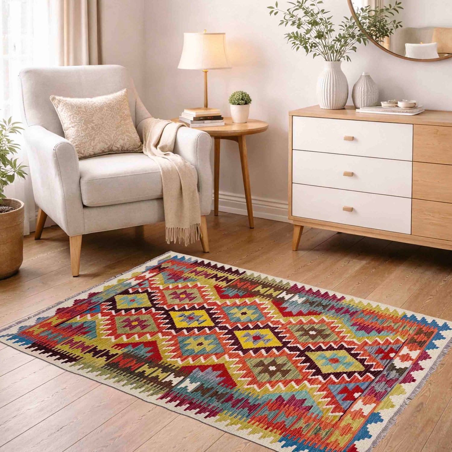 Hand Woven Wool Kelim 3' 7" x 4' 11" ft / 110 x 151 cm - No. Y39176