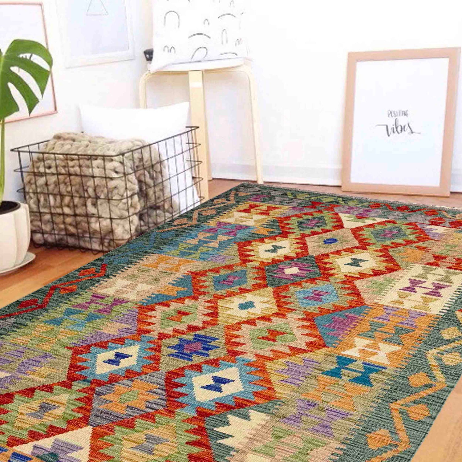 Handmade Vegetable Kilim 4' 1" x 6' 8" ft / 124 x 204 cm - No. Y39179