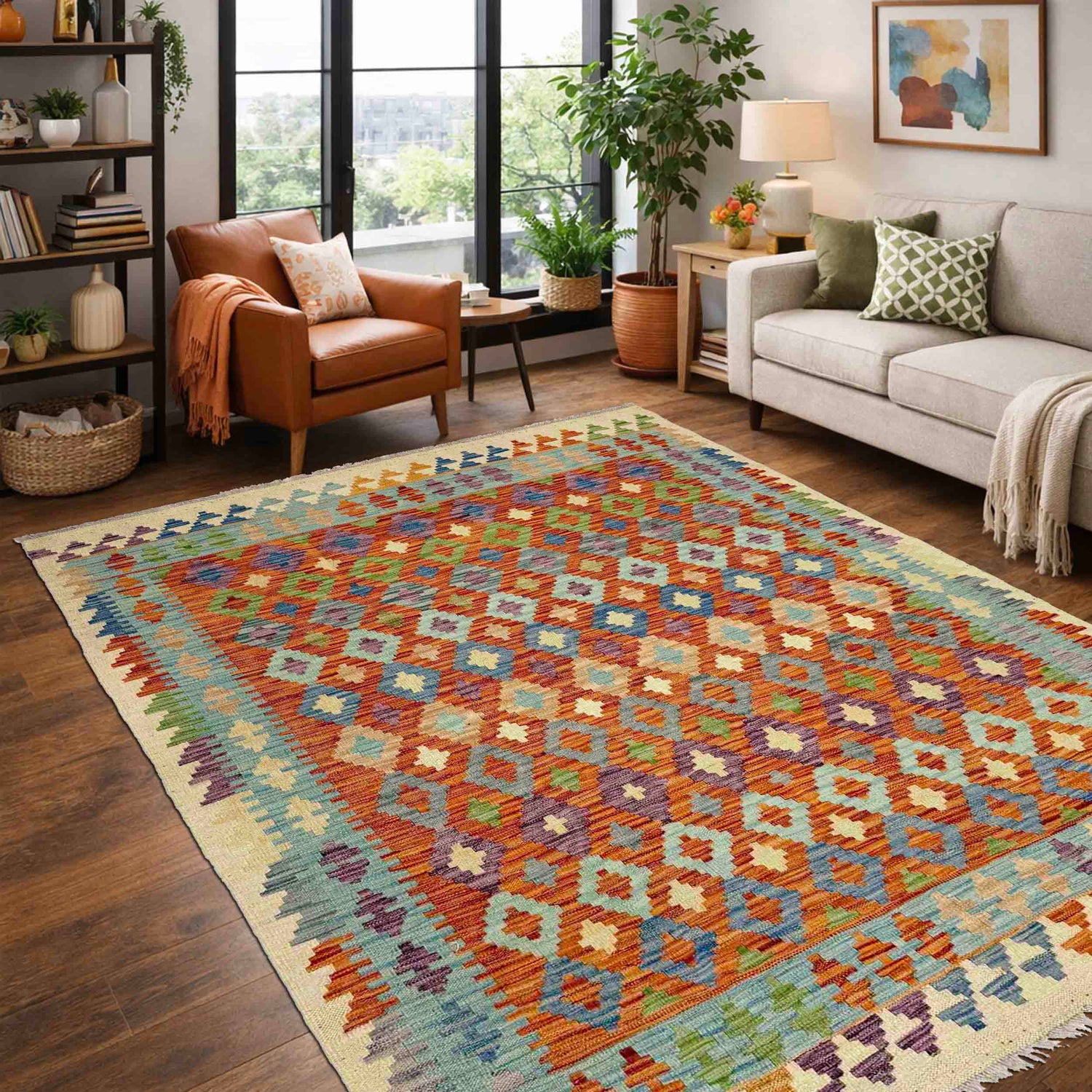 Hand Knotted Afghan Style Kilim 4' 6" x 6' 7" ft / 136 x 200 cm - No. Y39180