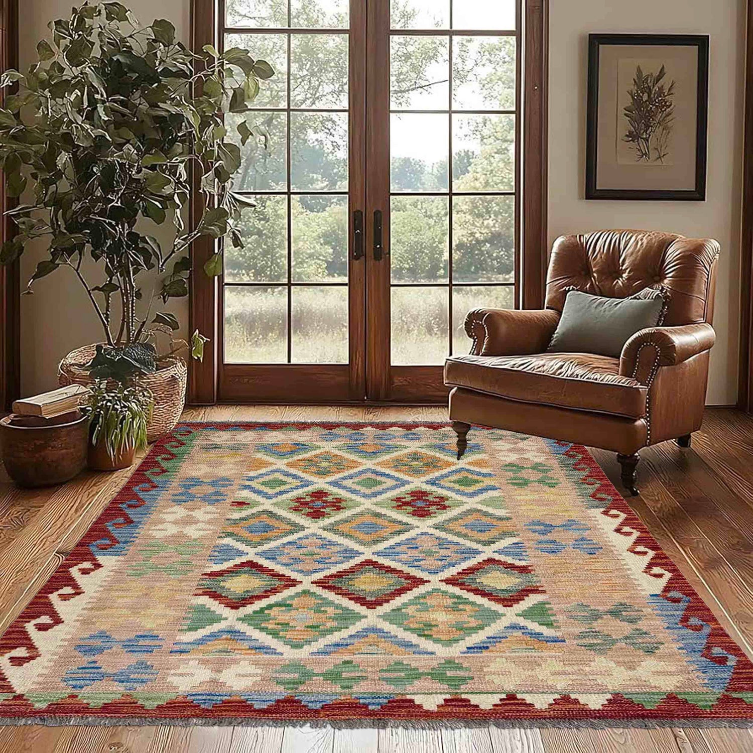 Hand Knotted Afghan Style Kilim 4' 0" x 5' 8" ft / 123 x 173 cm - No. Y39182