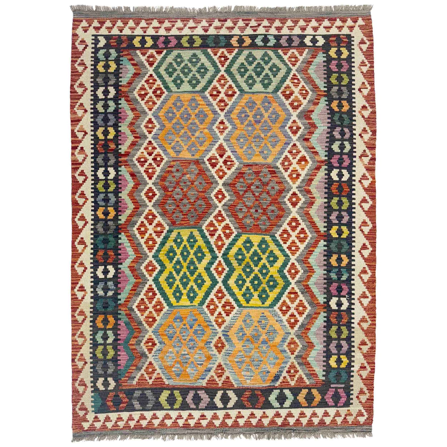 Hand Woven Wool Kelim 4' 2" x 5' 10" ft / 127 x 177 cm - No. Y39183