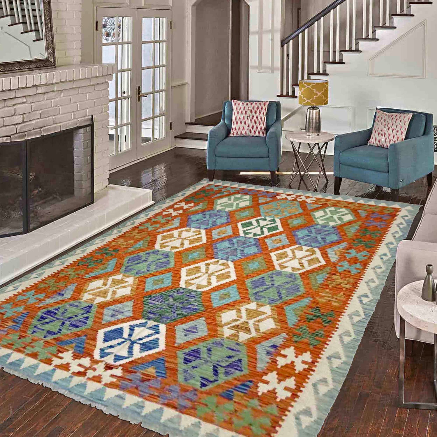 Hand Knotted Afghan Style Kilim 5' 7" x 8' 1" ft / 171 x 246 cm - No. Y39190