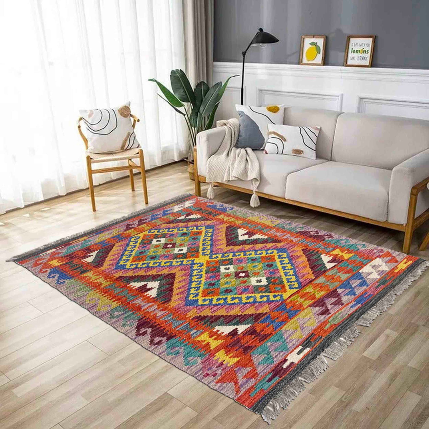 Multi Color ful Flat-Weave Wool Kilim 2' 7" x 4' 1" ft / 80 x 125 cm - No. Y39197