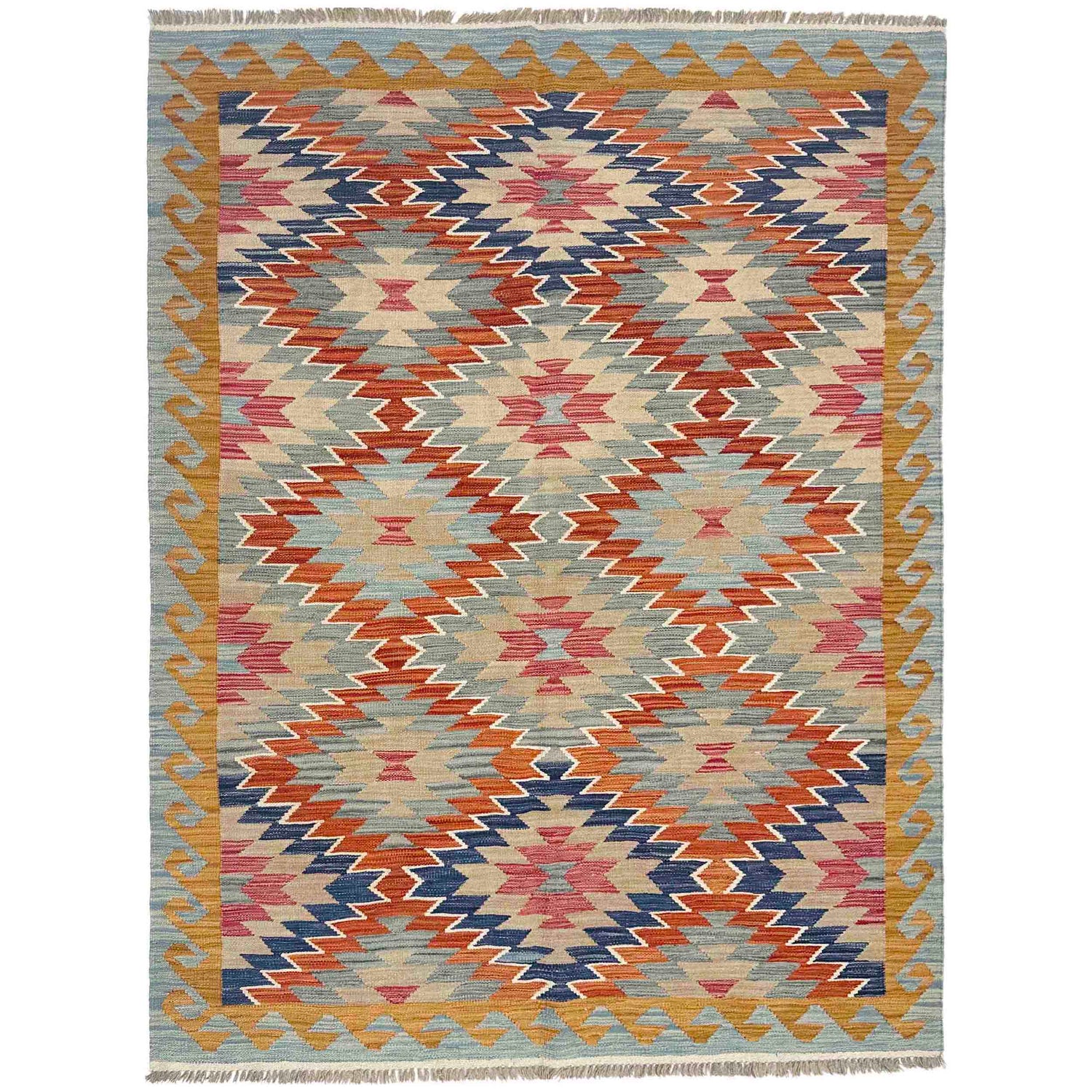 Multi Color ful Flat-Weave Wool Kilim 5' 0" x 6' 9" ft / 152 x 205 cm - No. Y39209